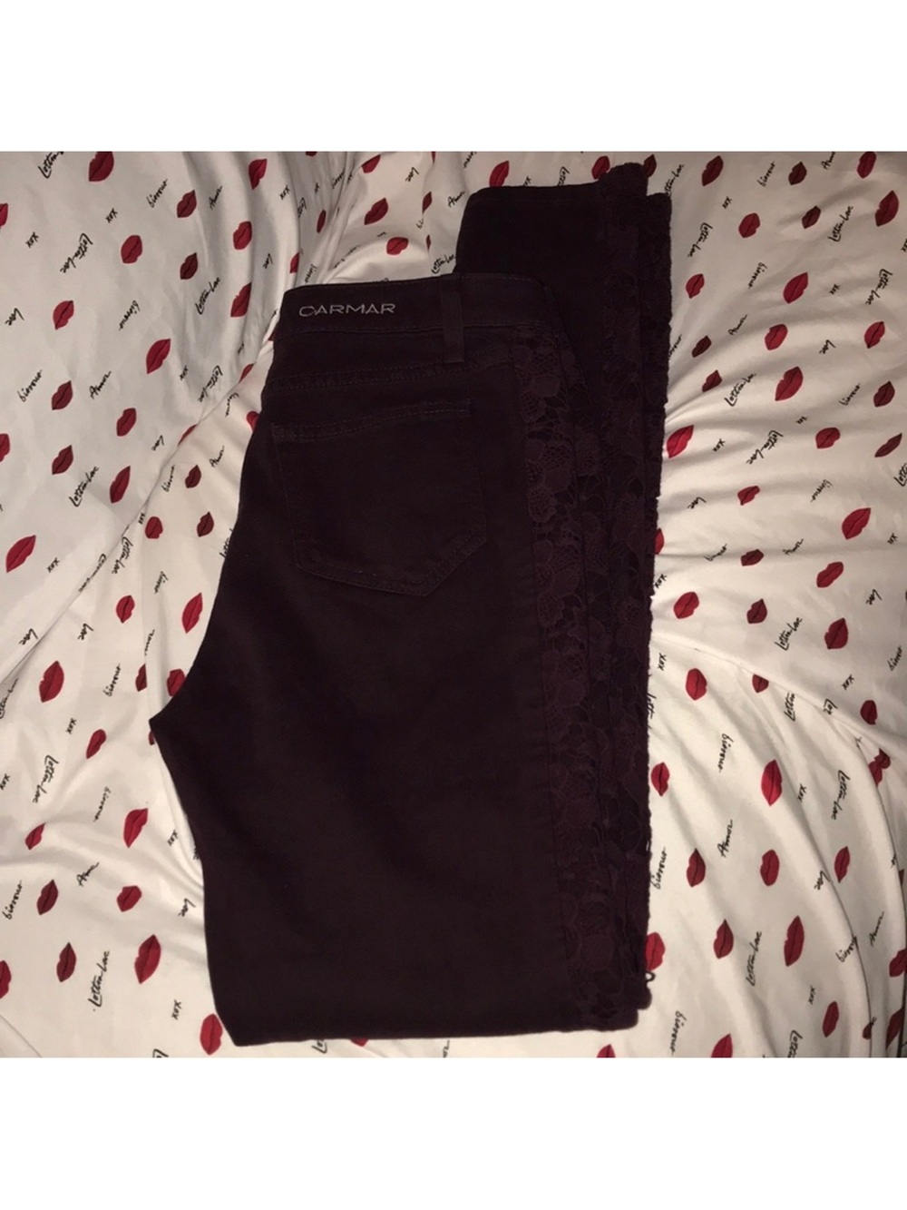 Carmar 28 Skinny Jeans with Side Lace Trim in Deep Burgundy